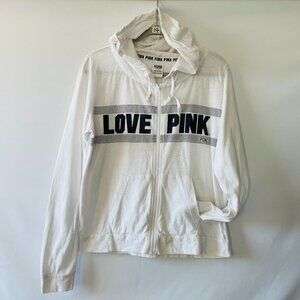 Pink Victoria's Secret Love Womens White Graphic Full Zip Hoodie Size Large